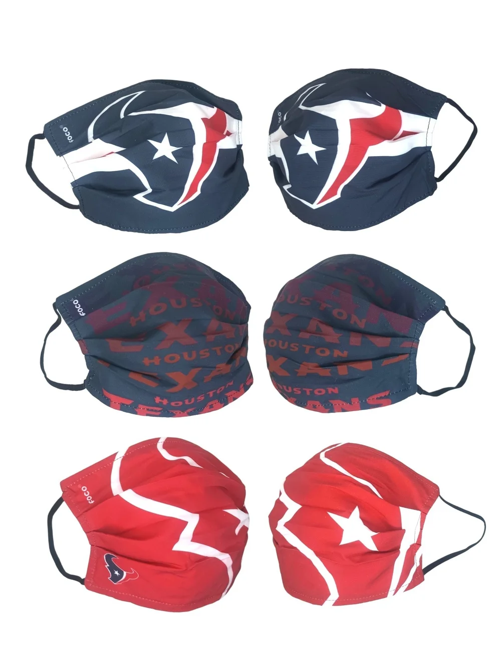6x Houston Texans NFL Pleated Face Cover Foco 100% Polyester Shell Cotton Lining